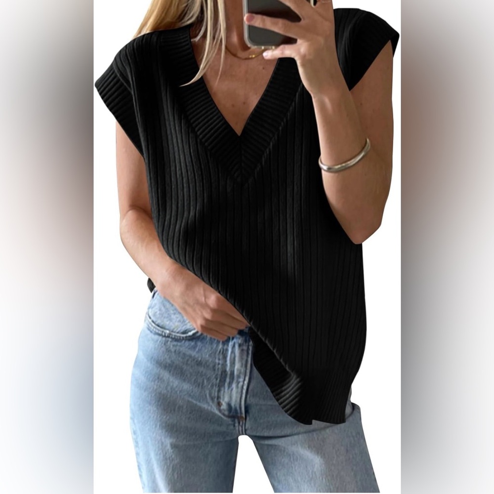 Black Ribbed V-Neck Sleeveless Sweater Top